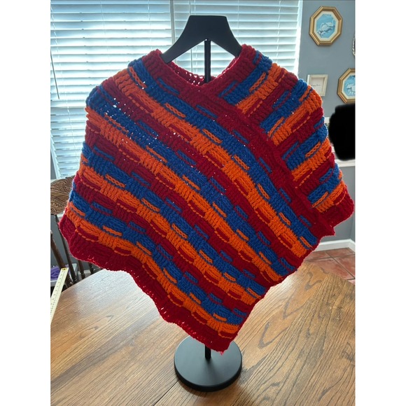Handmade Sweaters - Handmade Crochet Poncho Red‎ Orange Blue Basketweave Knit Vintage Style Wrap